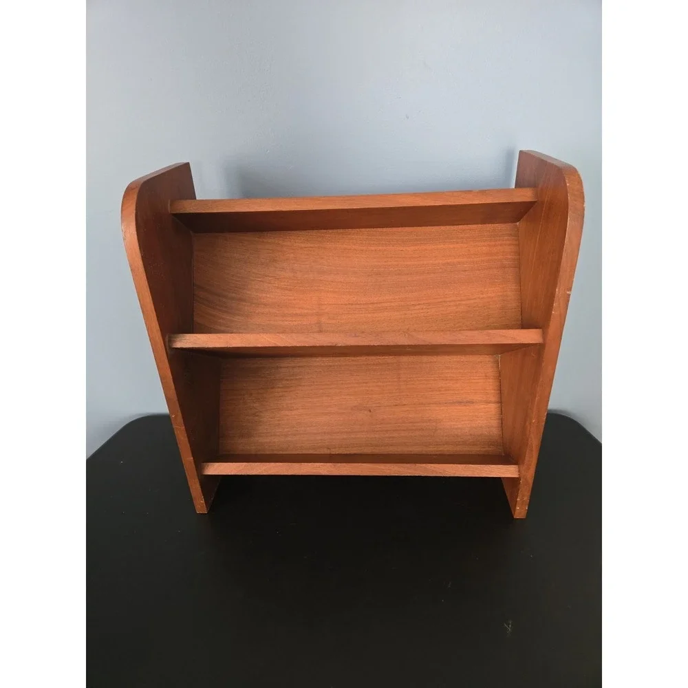 Vintage Solid Walnut 2 Shelf Bookshelf Angled Stand Rack 17
